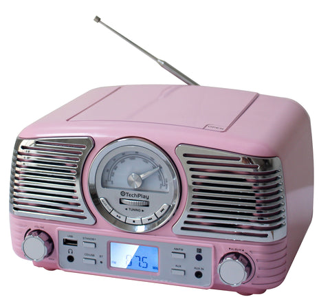 TechPlay QT62BT Pink, Retro design compact stereo CD, with AM/FM rotary knob, Wireless Bluetooth reception and USB port. With AUX in and headphone jack