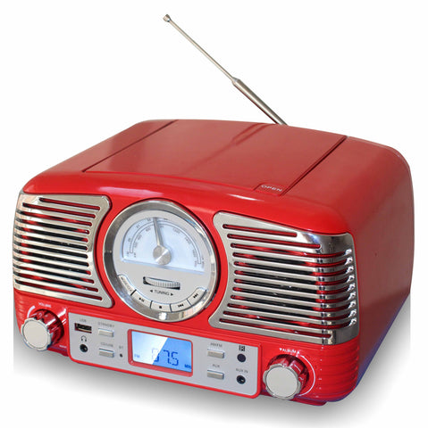 TechPlay QT62BT RED, Retro design compact stereo CD, with AM/FM rotary knob, Wireless Bluetooth reception and USB port. With AUX in and headphone jack